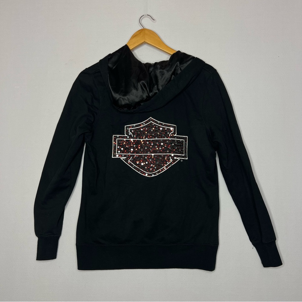 Harley Davidson Women’s Black Red Biker Sparkle Fleece Hoodie Sweater Size M - Picture 10 of 11